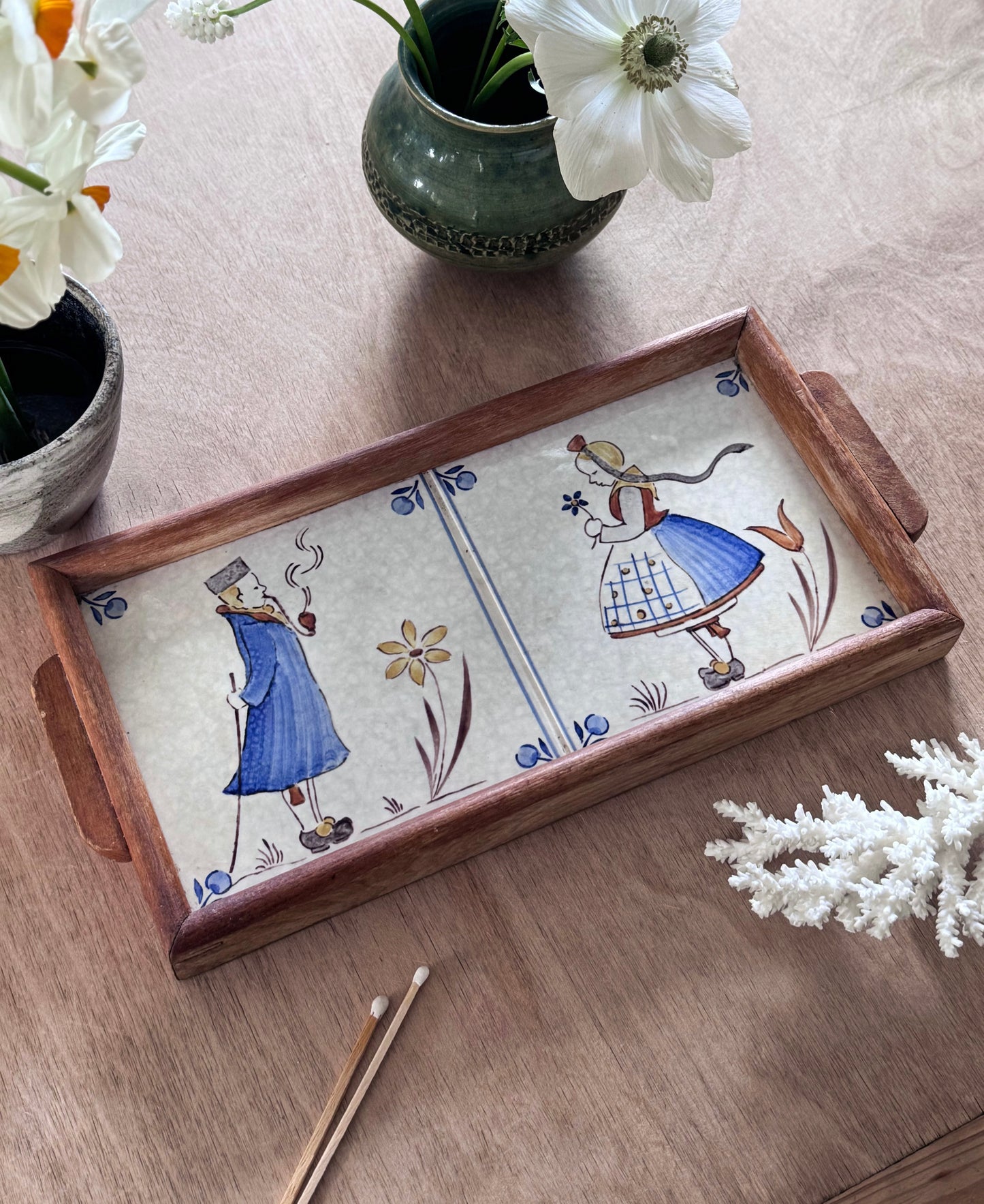 Vintage Handmade Quimper Tile Wooden Tray - Courting Couple