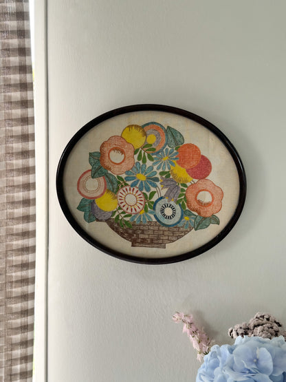 Framed Vintage 1930s Floral Embroidery in Glass-Fronted Wooden Frame