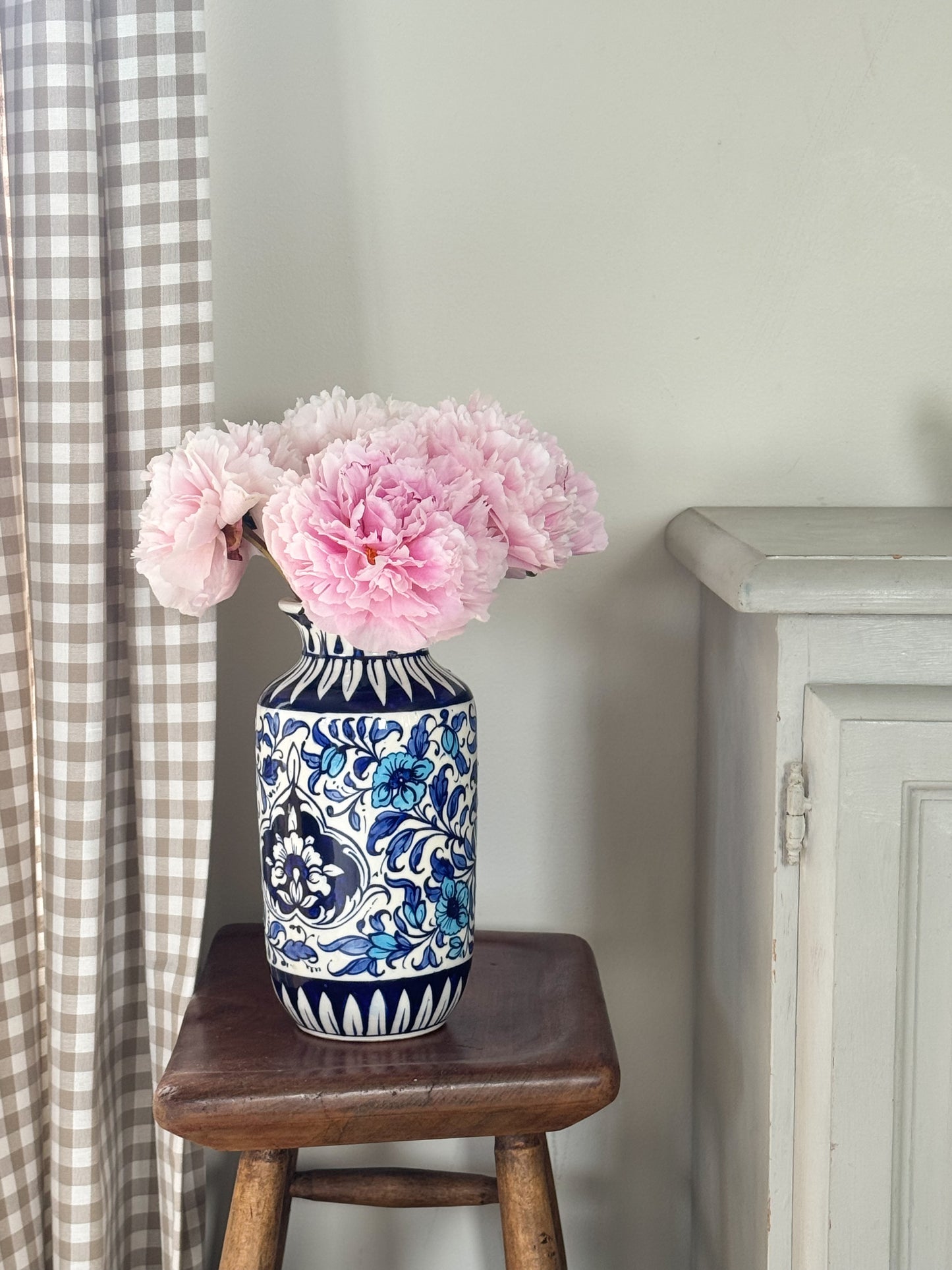 Large Vintage Blue Floral Studio Pottery Vase, Handmade in Pakistan