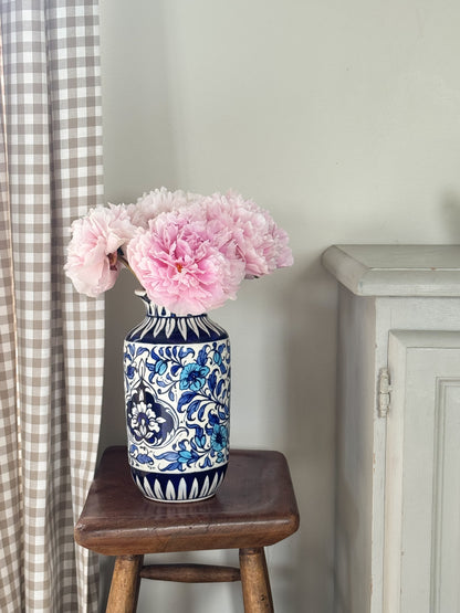 Large Vintage Blue Floral Studio Pottery Vase, Handmade in Pakistan