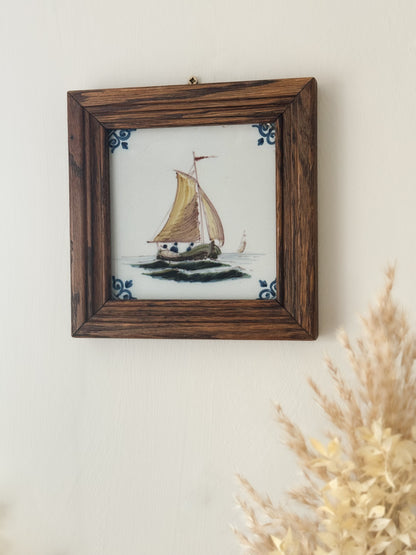 Vintage Framed Dutch Ceramic Tichelaars Royal Makkumer Pottery Tile | Sailing Boat