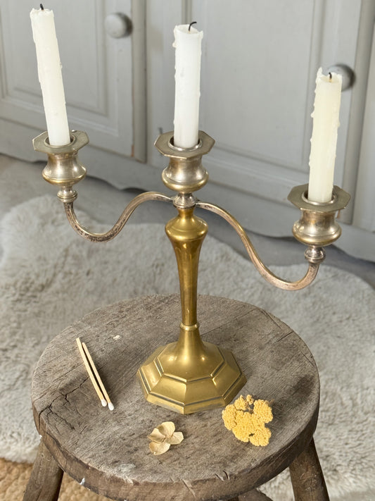 Aged Antique Two Tone Brass Candelabra