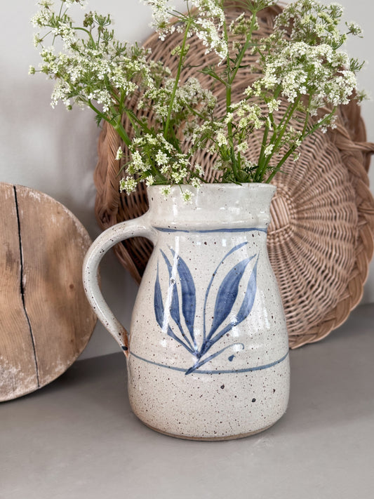 Vintage Large Studio Pottery Jug with Abstract Blue Leaf Design