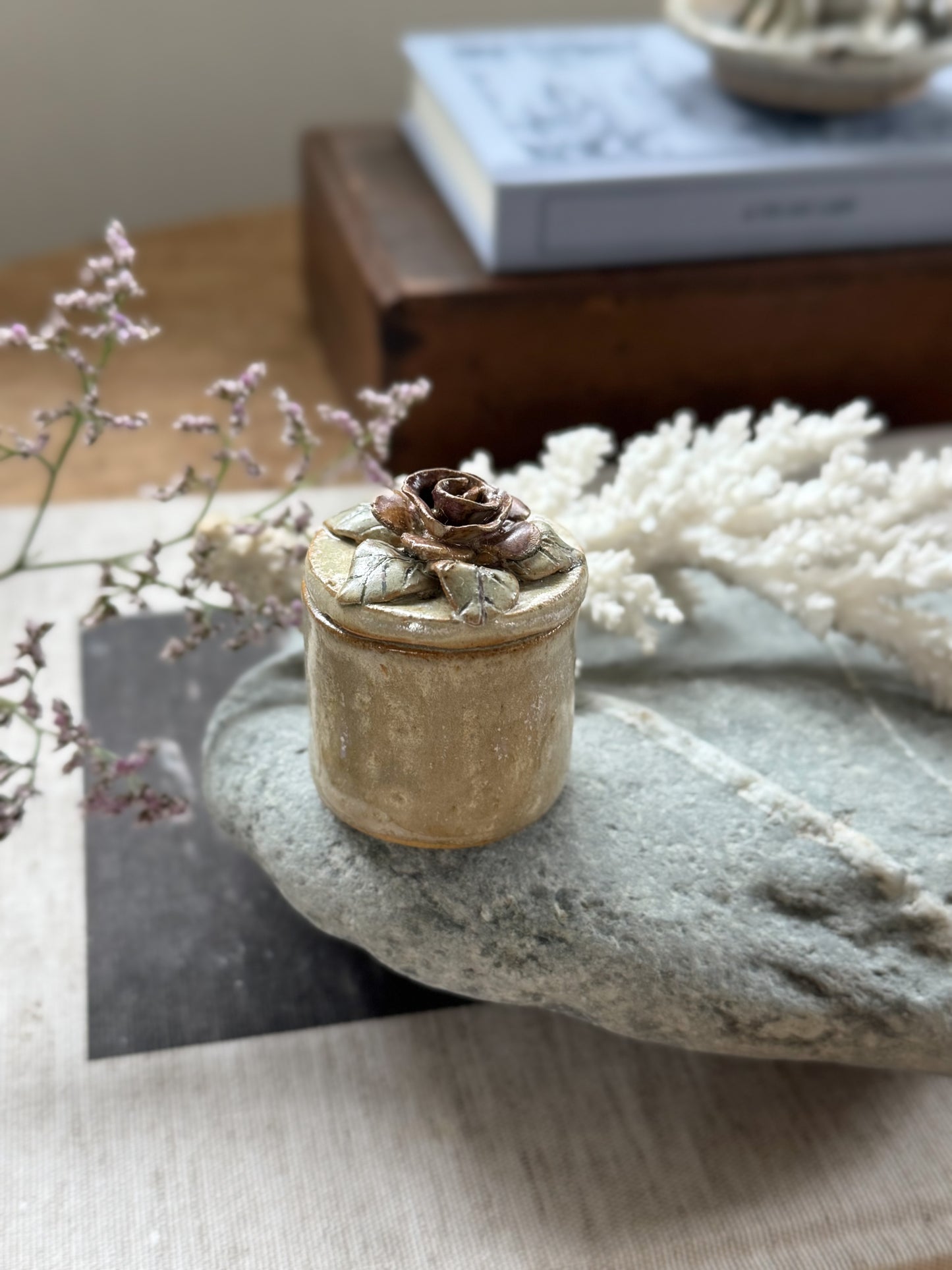 Miniature Studio Pottery Rose Ring Box by Acanthus Pottery, Aylsham, Norfolk