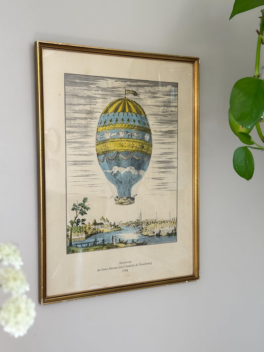 Antique French Framed Hot Air Balloon Etching • Ascension du Sieur Adorne à la Citadelle de Strasbourg, 1784