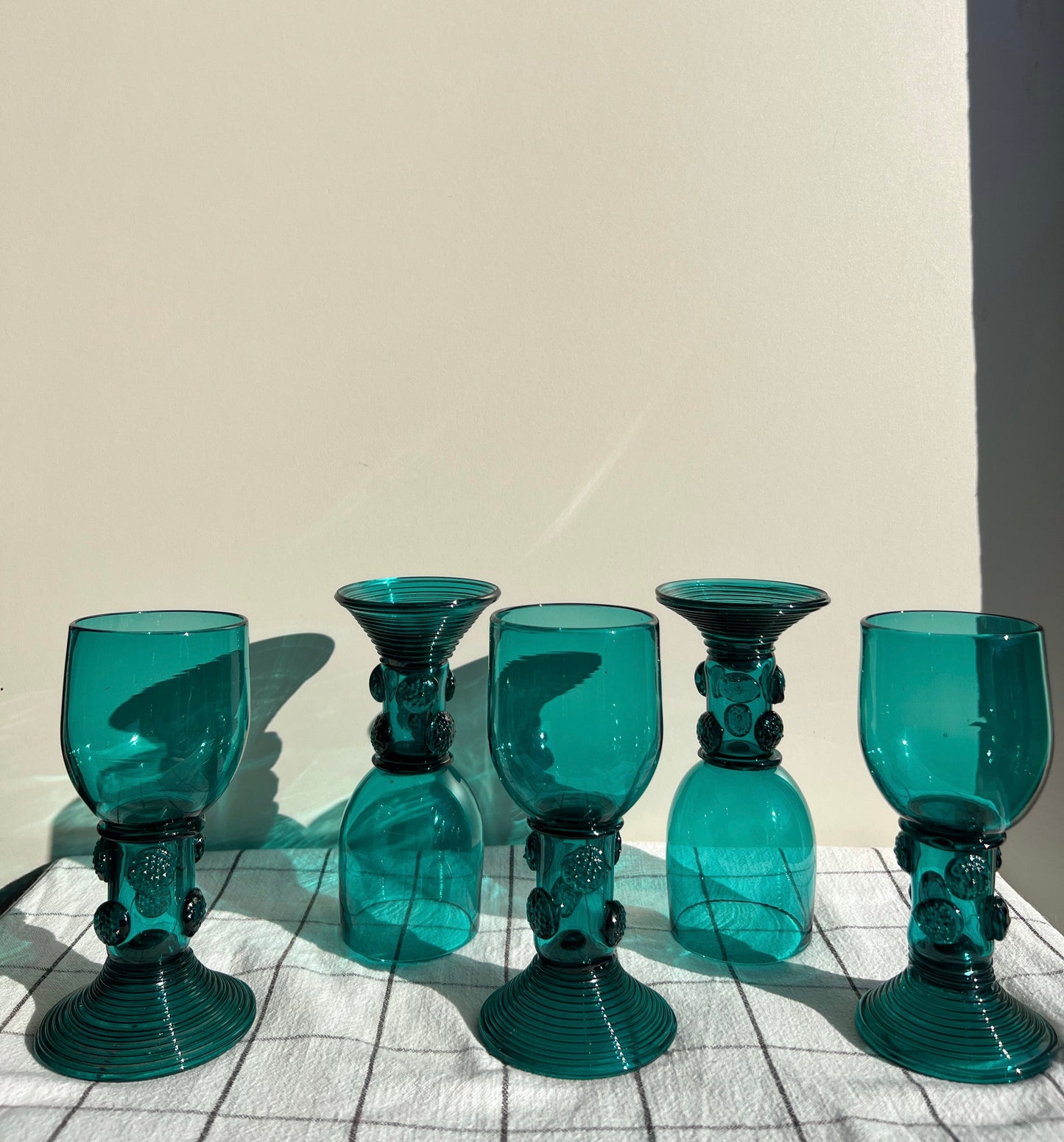 Antique c1820 German Rhenish  Römer Turquoise Wine Goblets (Set of 5)