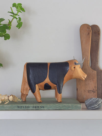 Vintage Hand-Carved & Handpainted Folk Art Wooden Cow