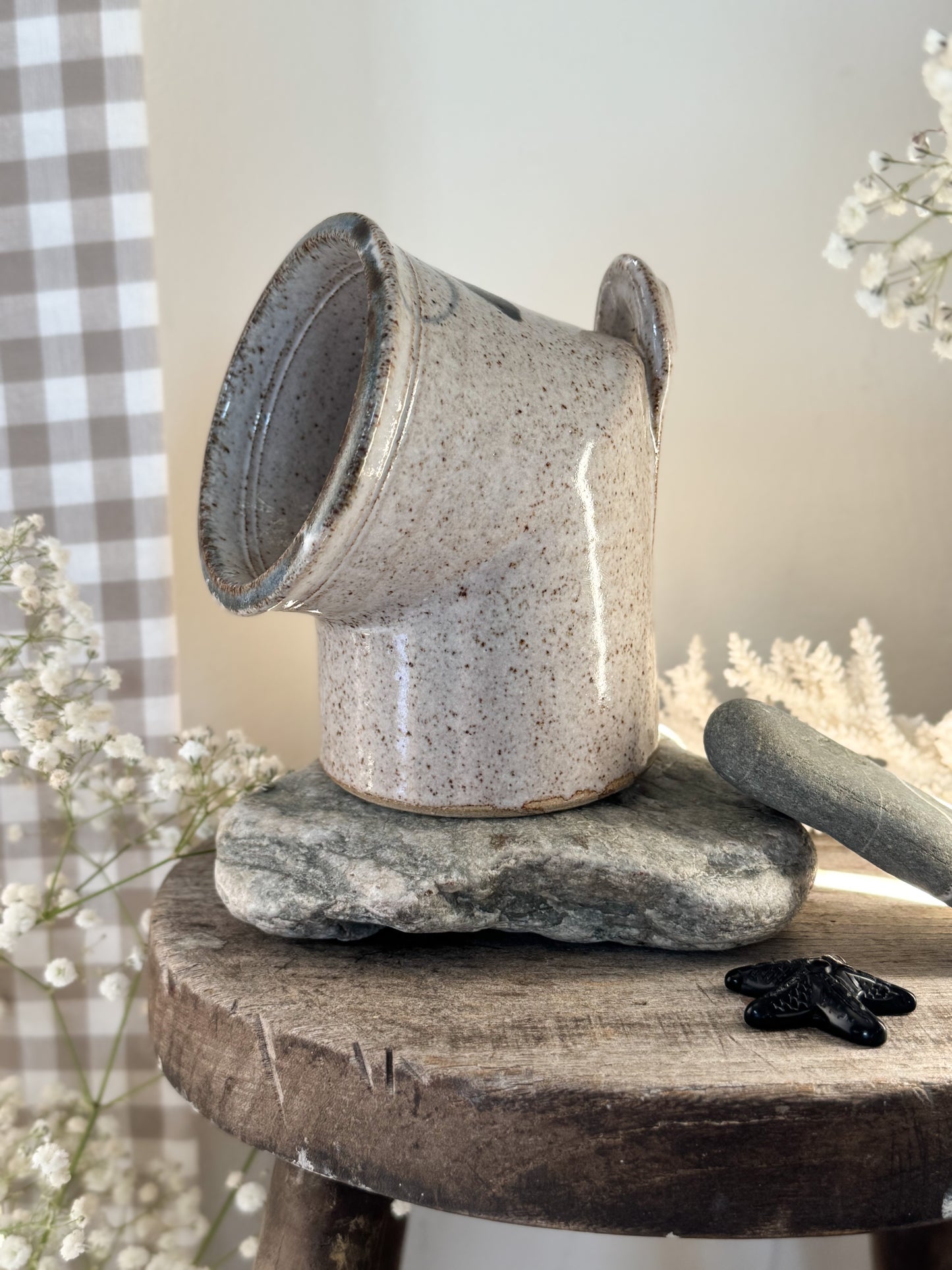 Vintage Speckled Studio Pottery Salt Pig with Hanging Loop