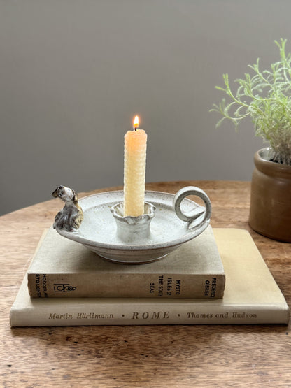 Vintage Studio Pottery Chamberstick with Little Dog