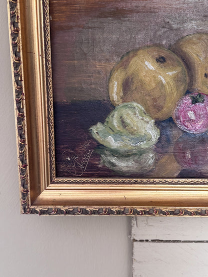 Vintage 1955 Signed Oil on Canvas Still Life Painting in Ornate Gilt Frame