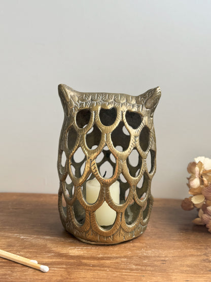Vintage Solid Brass Owl Lantern • Candle Holder