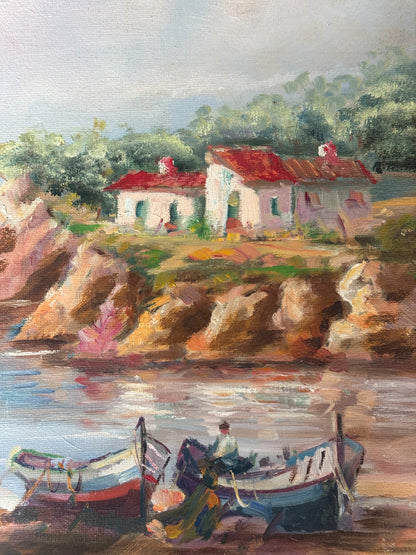 Vintage Original Framed Oil on Canvas - Impressionist Mediterranean Costal Scene