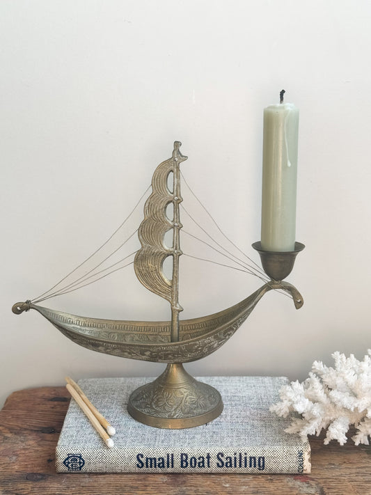 Vintage Indian Brass Sailing Boat Candlestick Holder