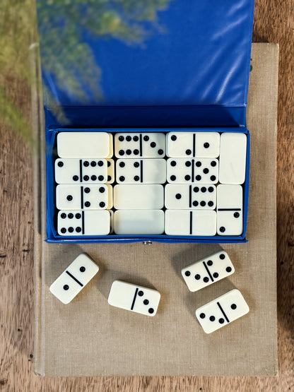 Vintage Midcentury Melamine Dominoes Set | Blue Case | Complete Set of 28