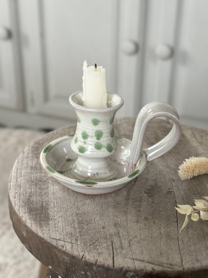Vintage Irish Studio Pottery Green Polka Dot Chamberstick