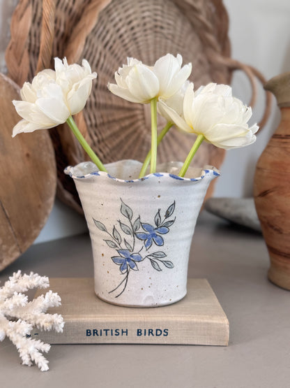Vintage Studio Pottery Planter Pot with Hand-Painted Blue Florals & Scalloped Rim