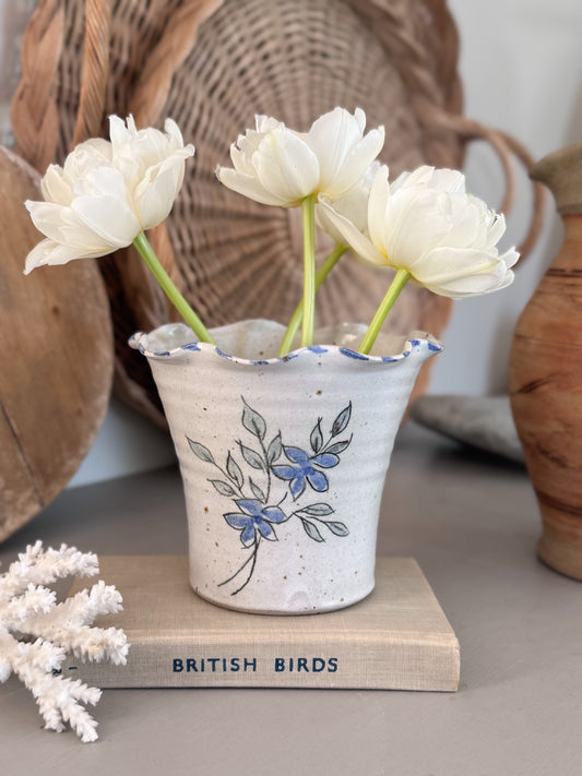 Vintage Studio Pottery Planter Pot with Hand-Painted Blue Florals & Scalloped Rim