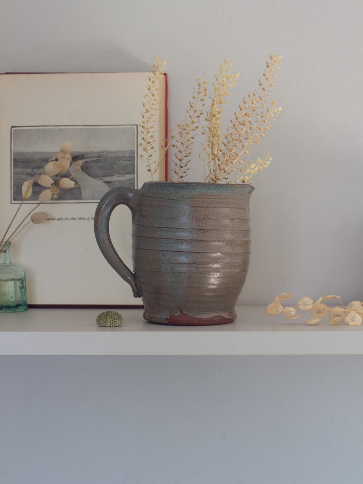 Vintage Studio Pottery Terracotta Jug, Slate Blue Drip Glaze