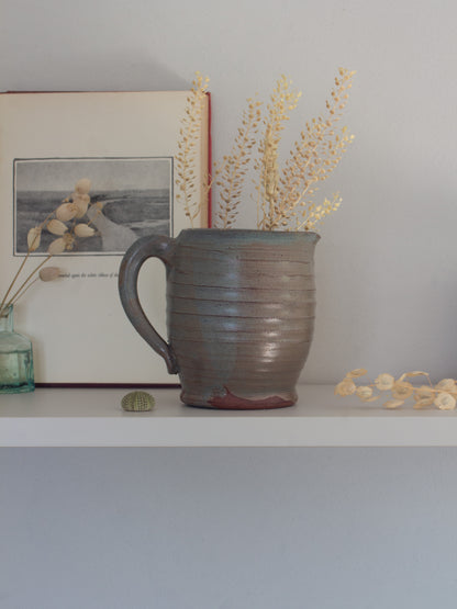 Vintage Studio Pottery Terracotta Jug, Slate Blue Drip Glaze