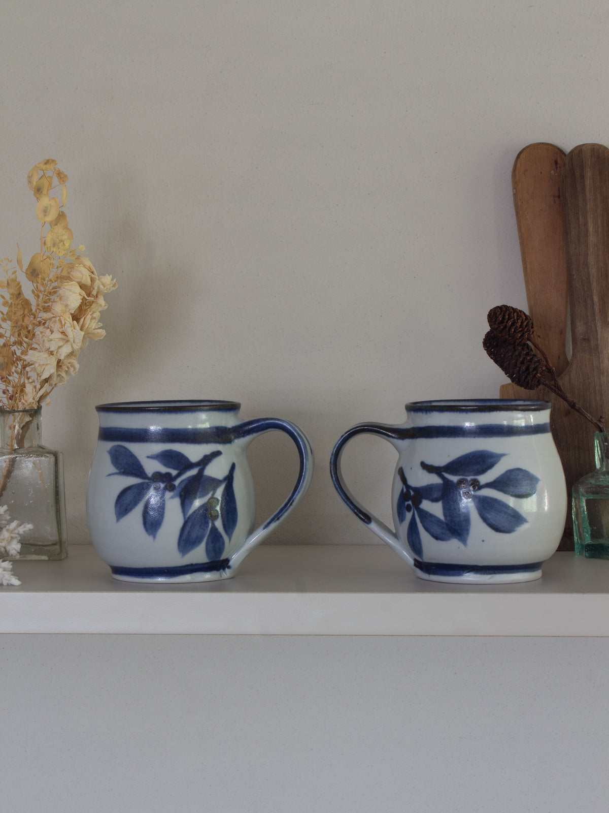 Vintage Quayside Pottery Blue & White Botanical Mugs - Pair