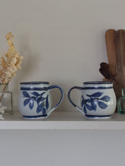 Vintage Quayside Pottery Blue & White Botanical Mugs - Pair