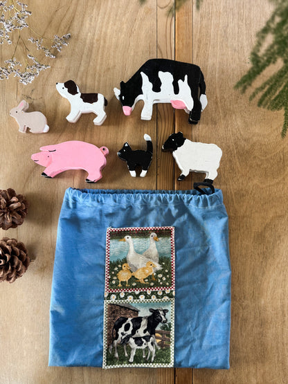 Vintage Handmade Wooden Farm Animal Set - with Original Handmade Patchwork Bag
