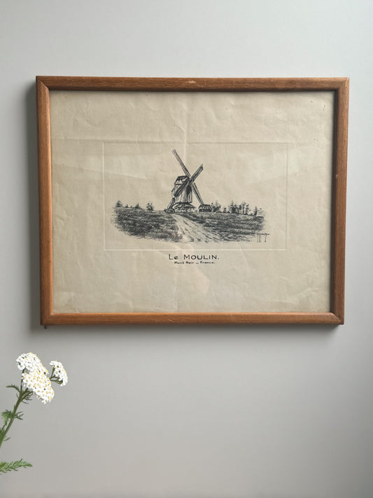Vintage French Windmill, Mont Noir Framed Pencil Sketch