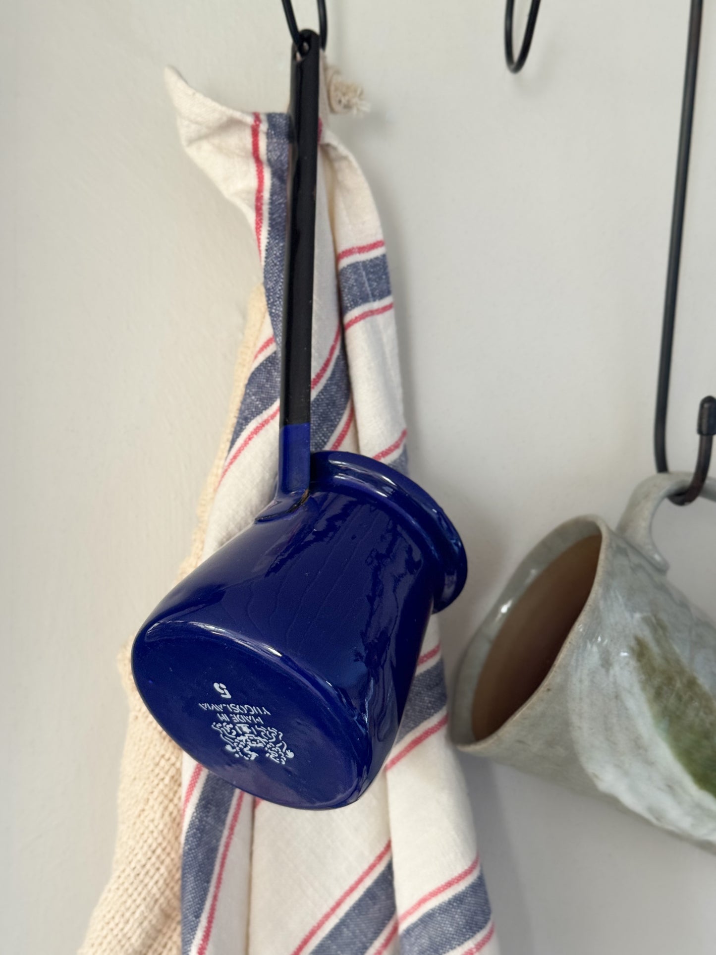 Vintage Cobalt Blue Enamel Milk Pot with Long Handle - Made in Yugoslavia