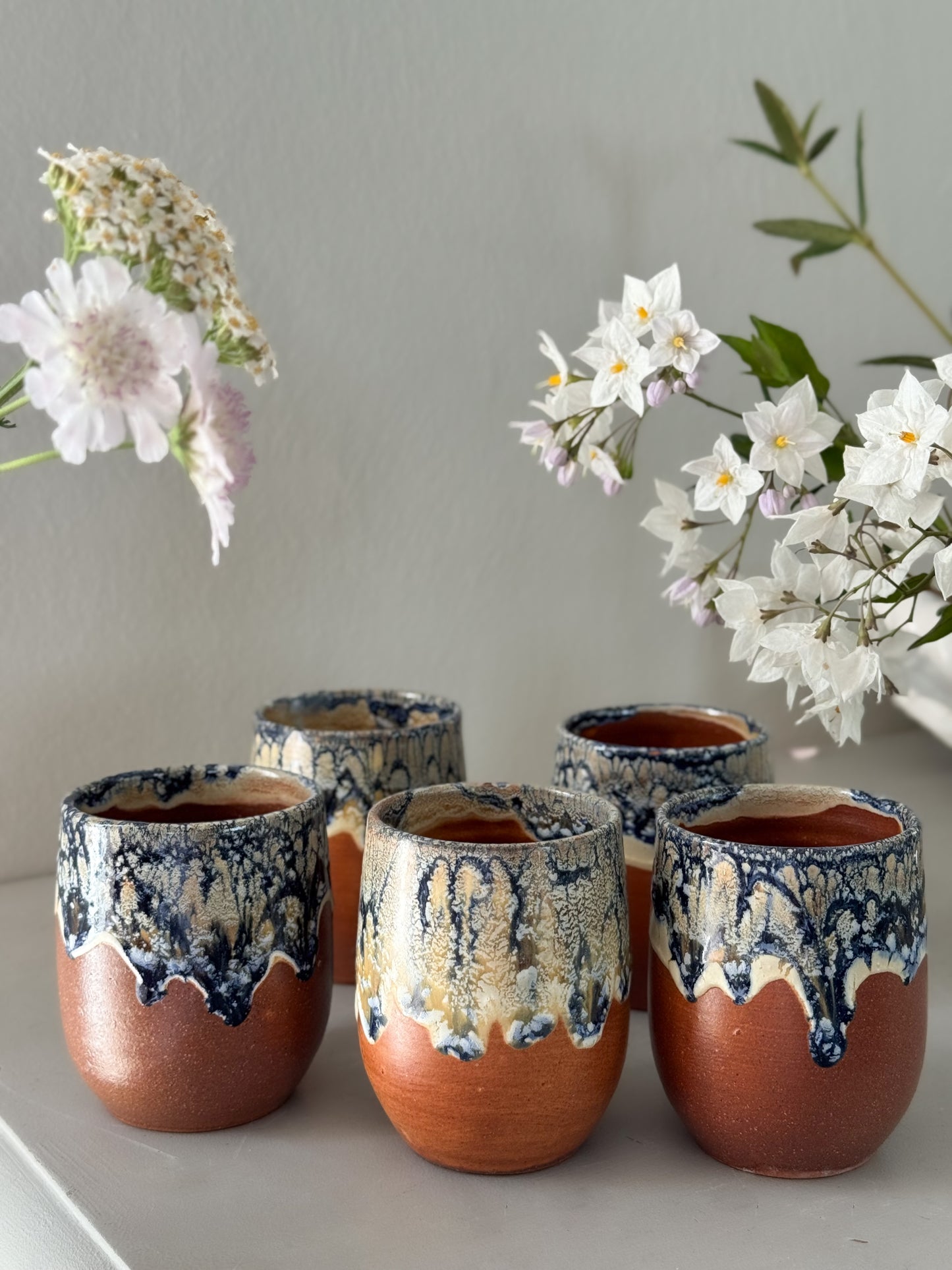 Set of 5 Vintage Studio Pottery Drip Glaze Tumblers