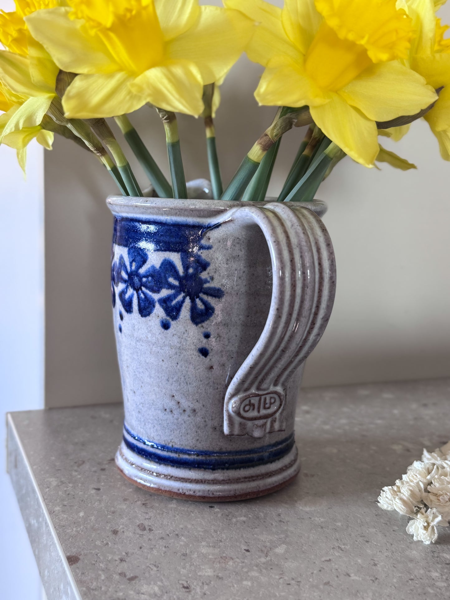 Vintage Studio Pottery Blue & White Floral Jug by David Morris, Laceby Pottery