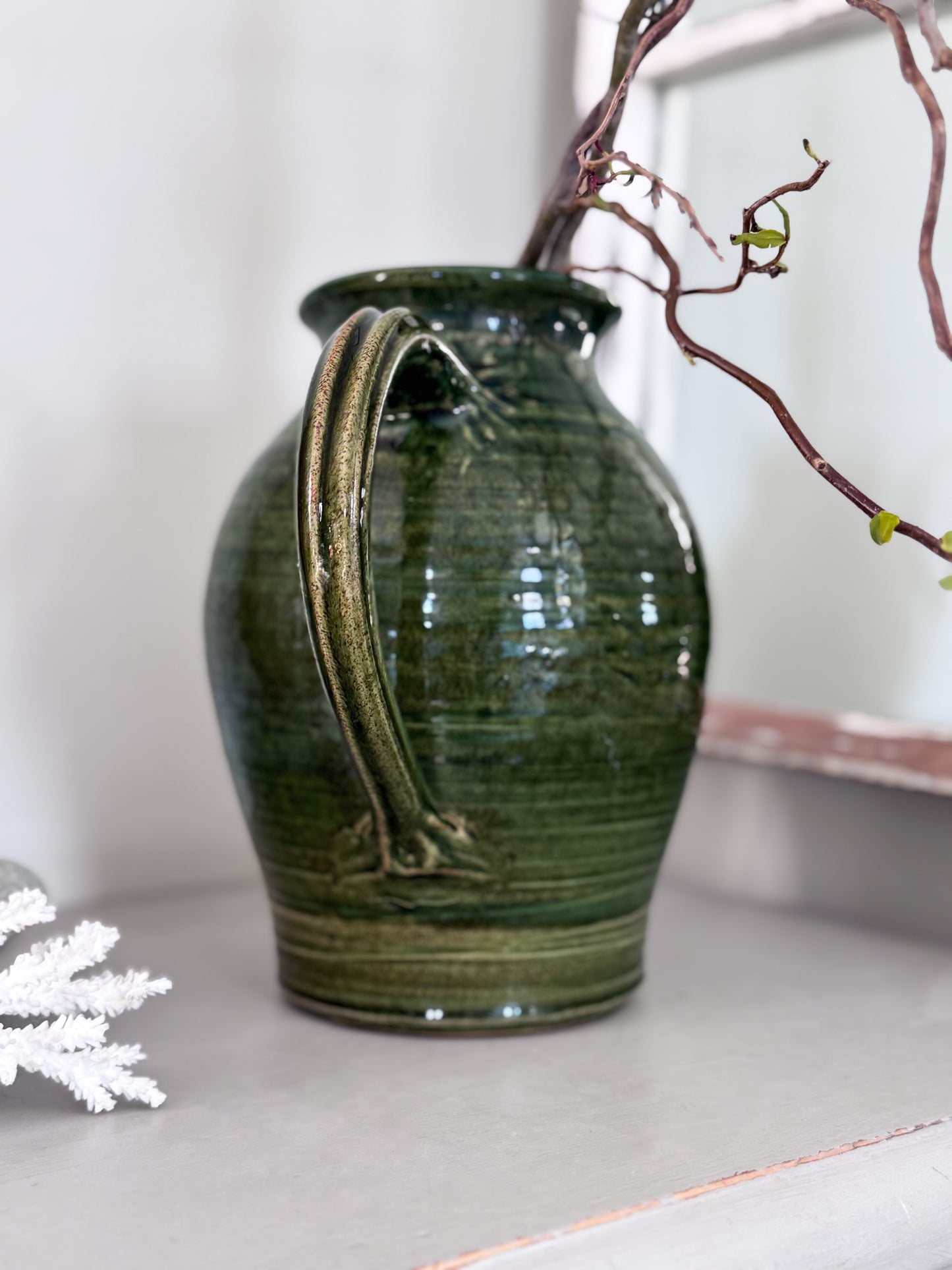 Large Vintage Olive Green Glazed Studio Pottery Jug