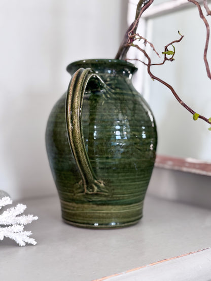 Large Vintage Olive Green Glazed Studio Pottery Jug