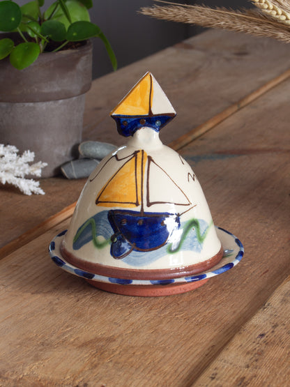 Incredible Vintage Studio Pottery Slipware Sailing Boat Butter Dish / Cheese Dome