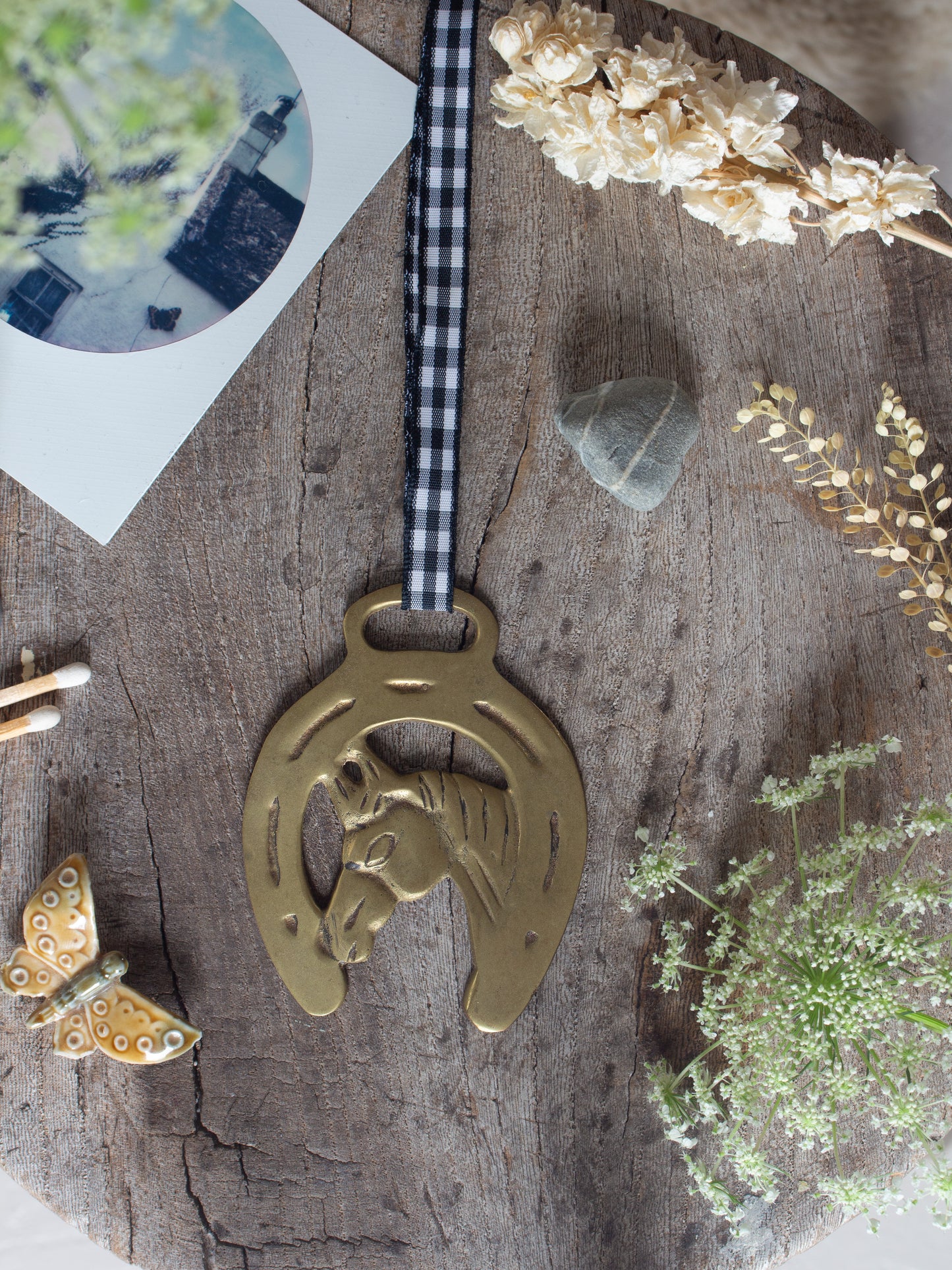 Vintage Solid Brass Horse Token on Gingham Ribbon