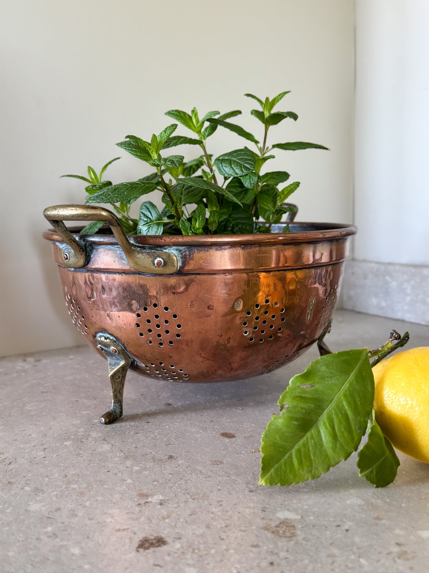 Antique French Copper Colander with Brass Feet