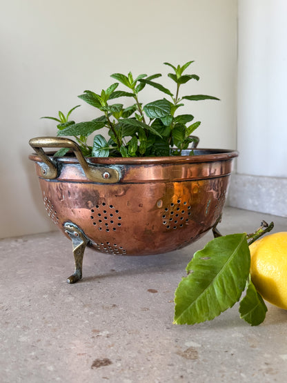 Antique French Copper Colander with Brass Feet