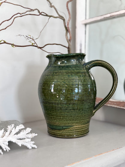 Large Vintage Olive Green Glazed Studio Pottery Jug