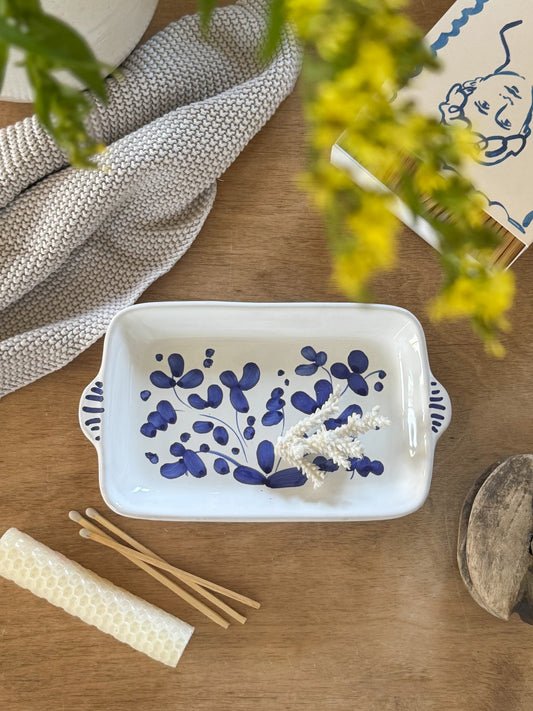 Vintage Mediterranean Studio Pottery Tray - Hand-Painted Blue Florals