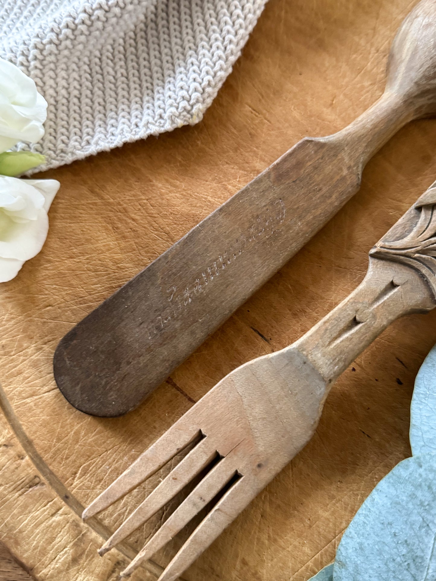 Vintage Hand-Carved German Floral Serving Set | Fork & Spoon | Made in Oberammergau