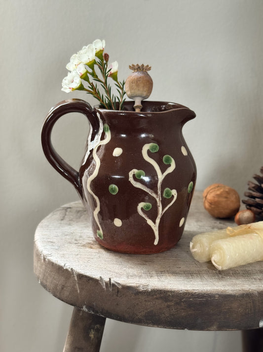 Rare Vintage 1937 Studio Pottery Slipware Oak Leaf Jug, One-Of-a-Kind