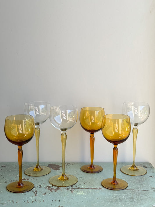 Mismatched Handblown Amber Hock Glasses (Set of 6)