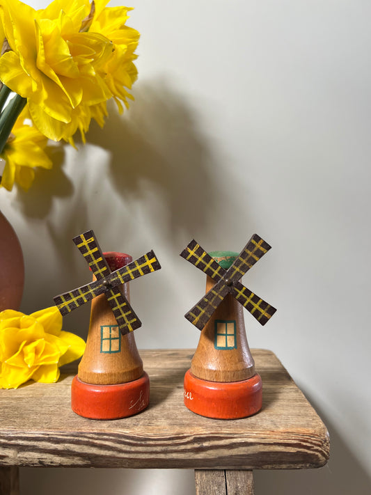 Vintage Wooden Windmill Salt & Pepper Shakers