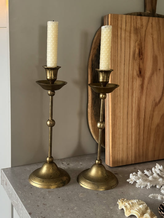 Pair of Vintage Solid Brass Tall Candlesticks with Drip Trays