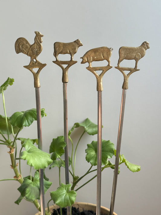 Vintage Brass Farm Animal Plant Support Sticks - Set of 4
