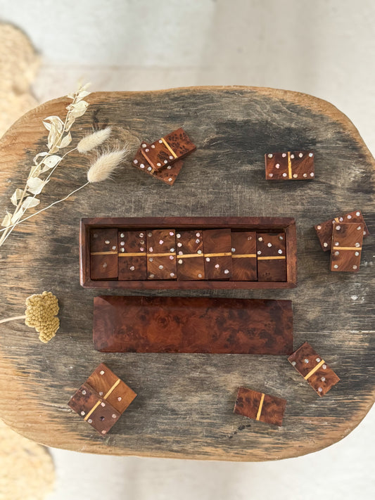 Vintage 1930s Handmade Walnut Wood with Mother of Pearl Inlay Dominoes Set