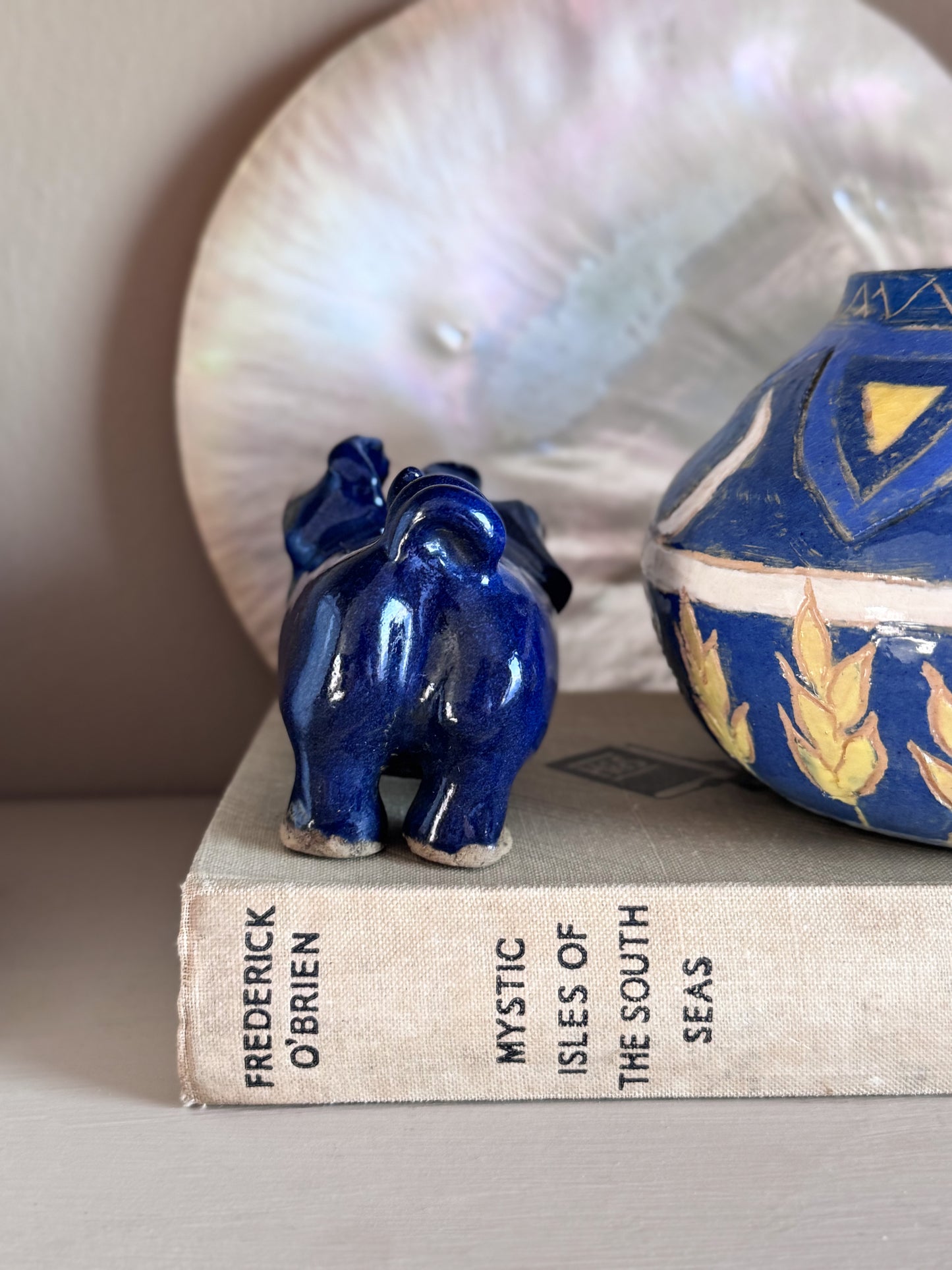 Vintage Studio Pottery Folk Art Pig Figure in Cobalt Blue Glaze