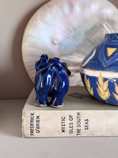 Vintage Studio Pottery Folk Art Pig Figure in Cobalt Blue Glaze