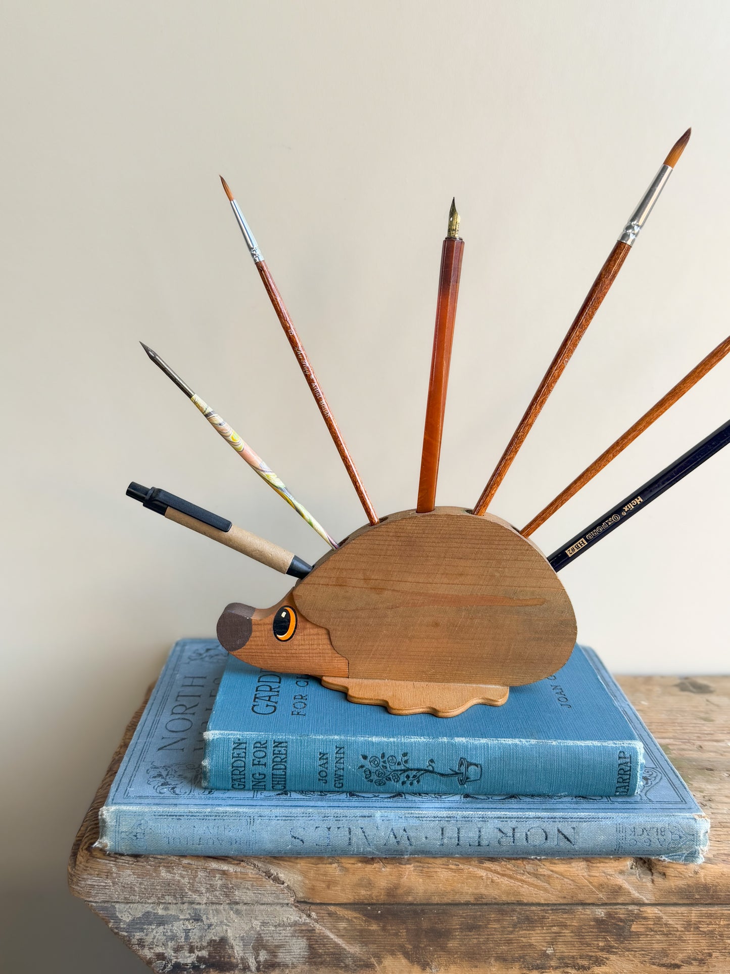 Vintage Handmade Wooden Hedgehog Pencil Holder by Peter & Pat Longthorne, Yorkshire