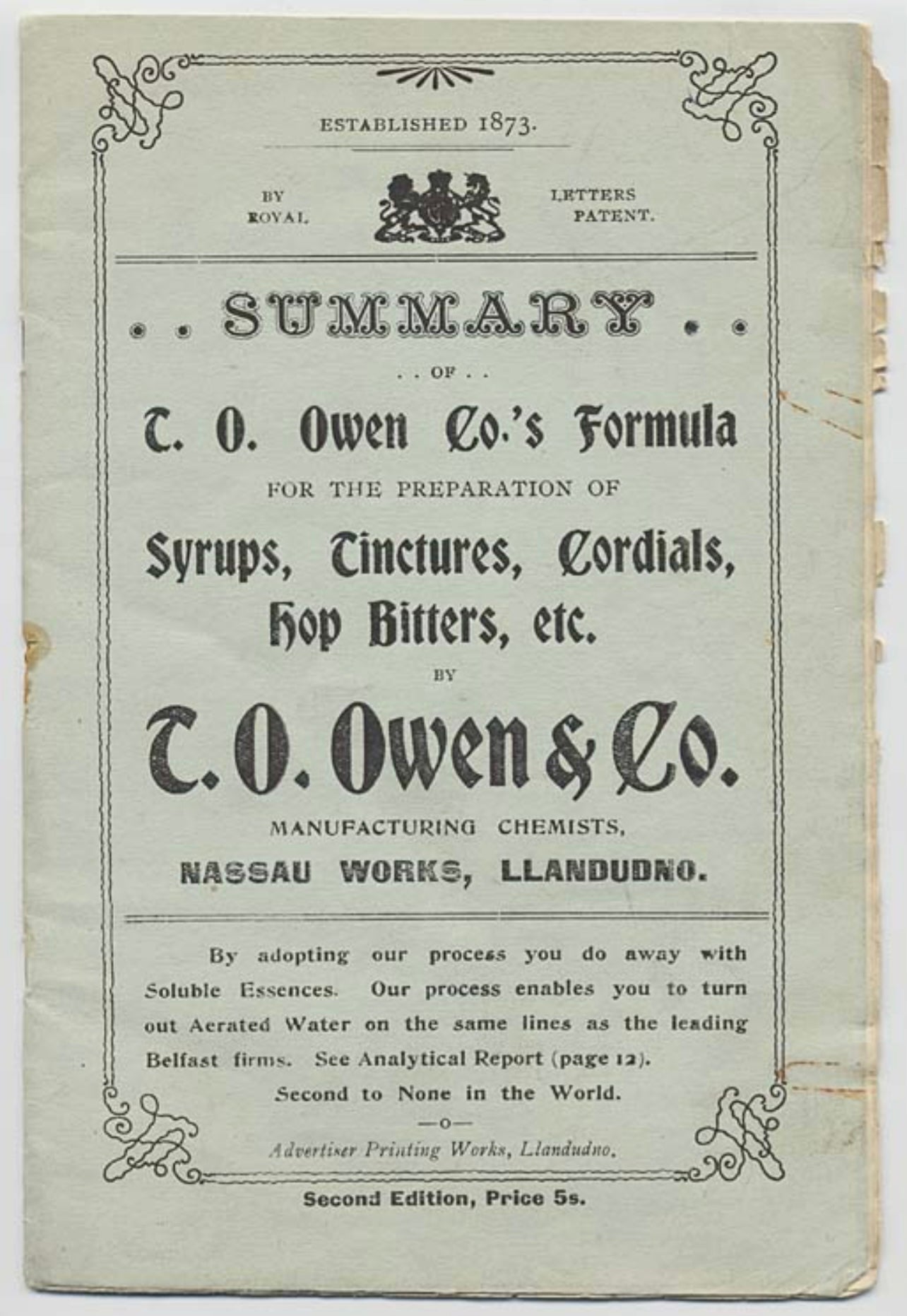 Antique Rounded Base Welsh Apothecary Bottle, T.O. Owen, Llandudno, North Wales