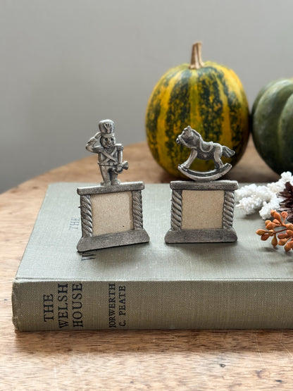 Pair of Vintage Miniature Pewter Frames, Soldier & Rocking Horse